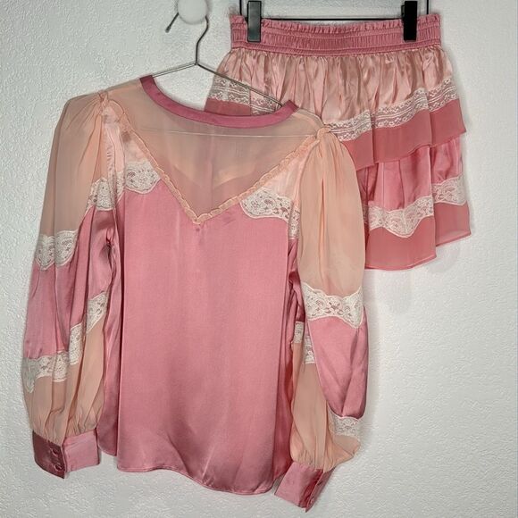 LoveShackFancy Fia Skirt & Zaria Blouse Pink Colorblock Silk Large/Med Revolve - Picture 7 of 16
